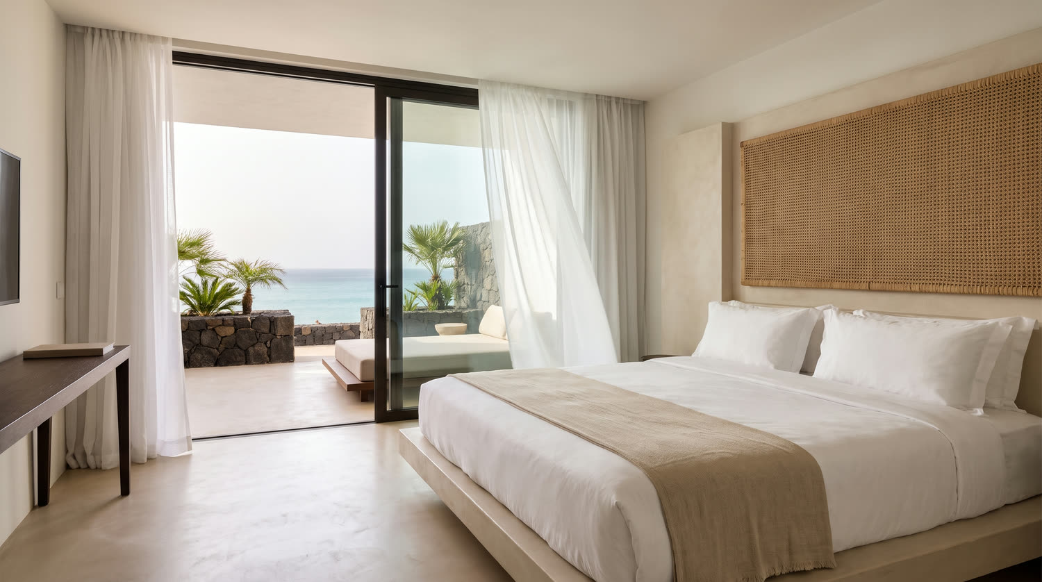 Camera del resort con letto in lino bianco e vetrata scorrevole sulla terrazza e sull'oceano.