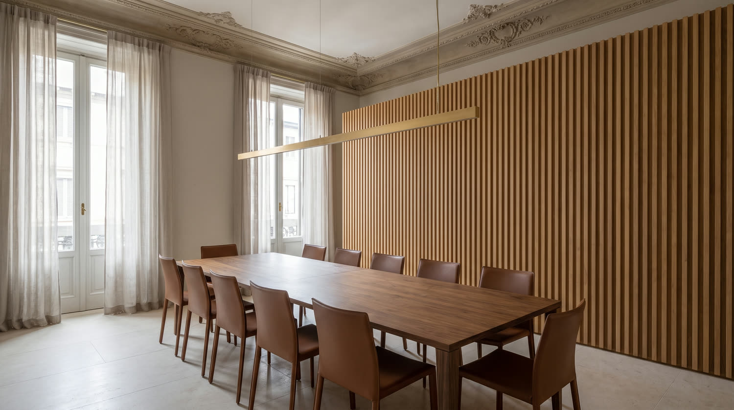 Sala riunioni con tavolo in noce e parete a doghe verticali di rovere.